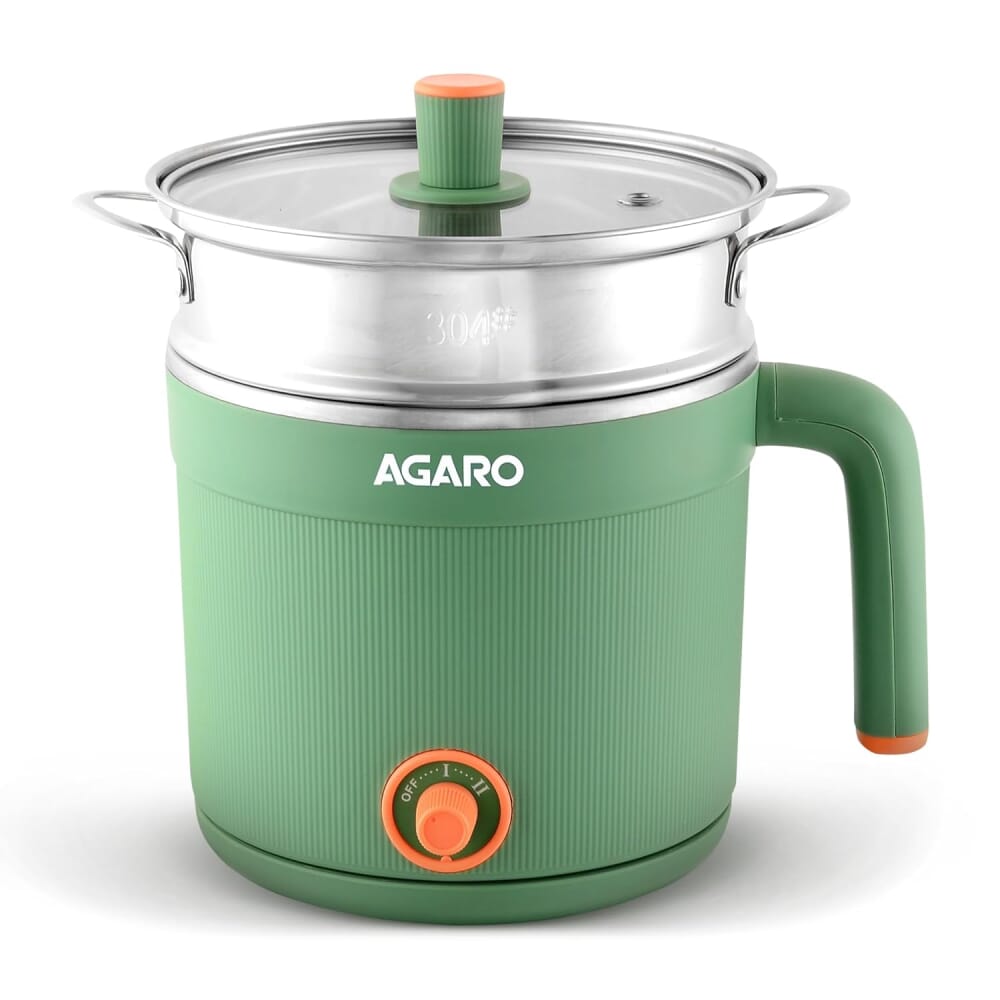 AGARO Regency Multi Cook Kettle With Steamer, 1.2L Inner Pot, Double Layered Body, Variable Temperature Settings, Wide Mouth, Boiling, Steaming, Tea, Coffee, Egg, Vegetable Boiling, 600W - Green